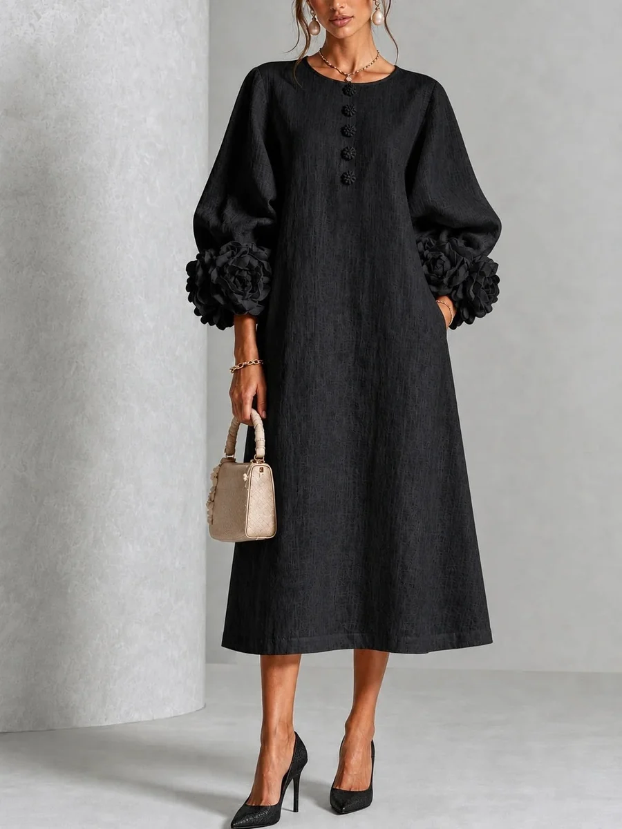 Ivy Floral Midi Dress with Rose-Cuff Sleeves