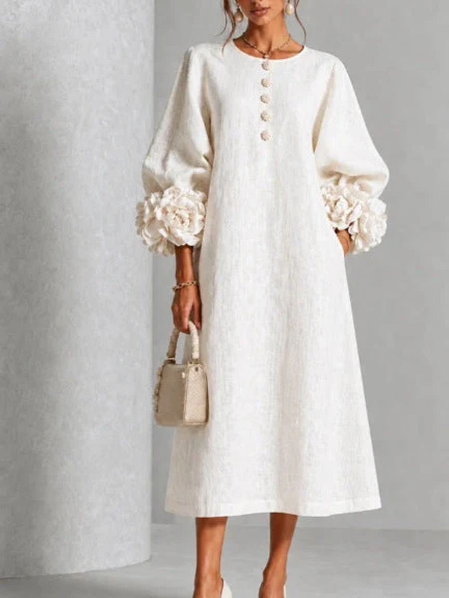 Ivy Floral Midi Dress with Rose-Cuff Sleeves