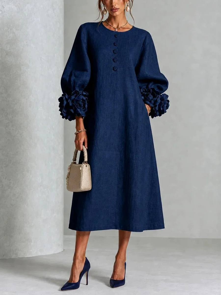 Ivy Floral Midi Dress with Rose-Cuff Sleeves