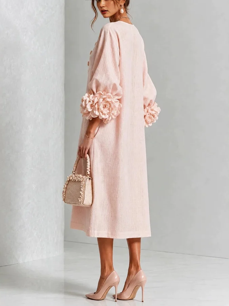 Ivy Floral Midi Dress with Rose-Cuff Sleeves