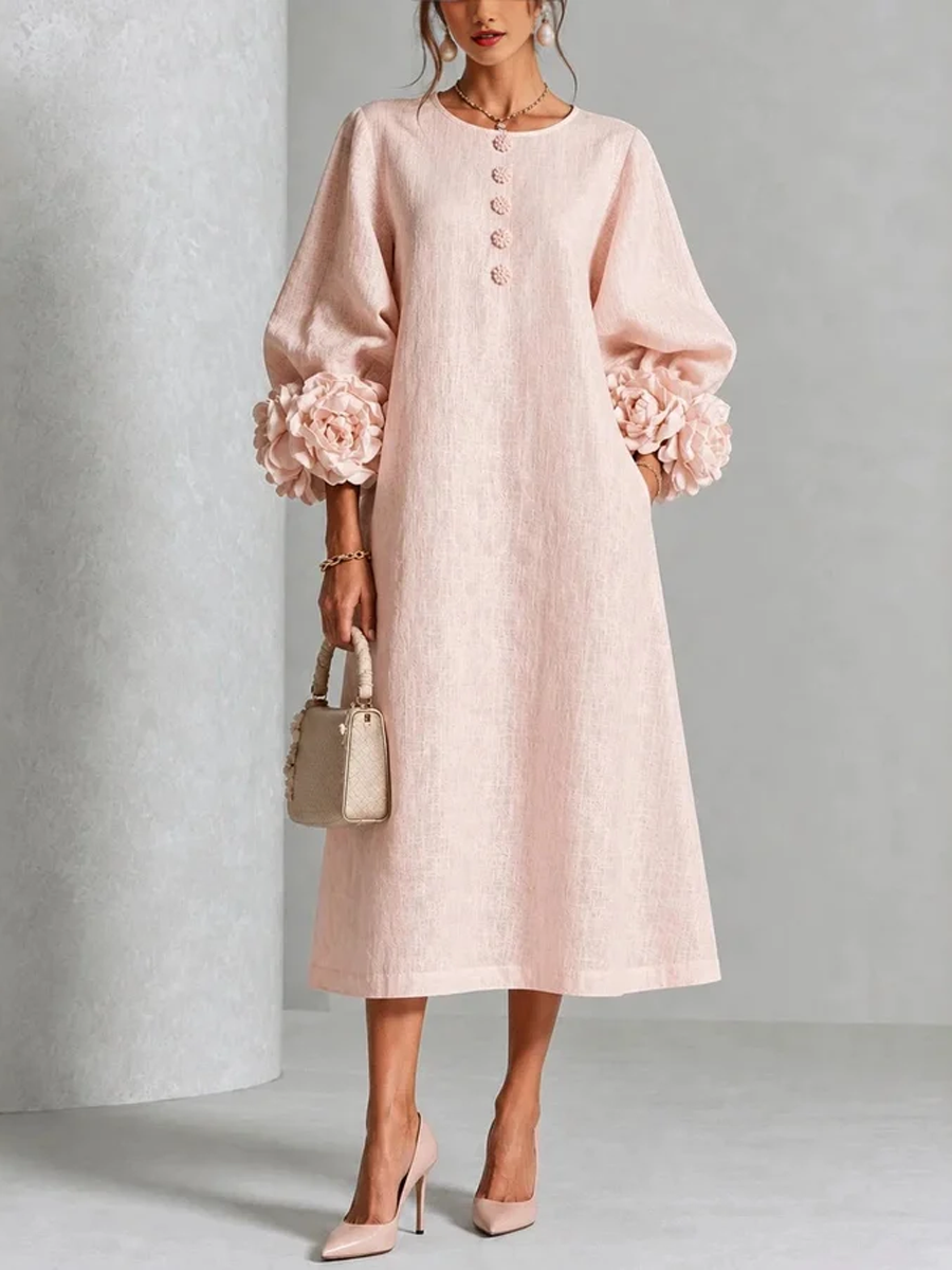 Ivy Floral Midi Dress with Rose-Cuff Sleeves