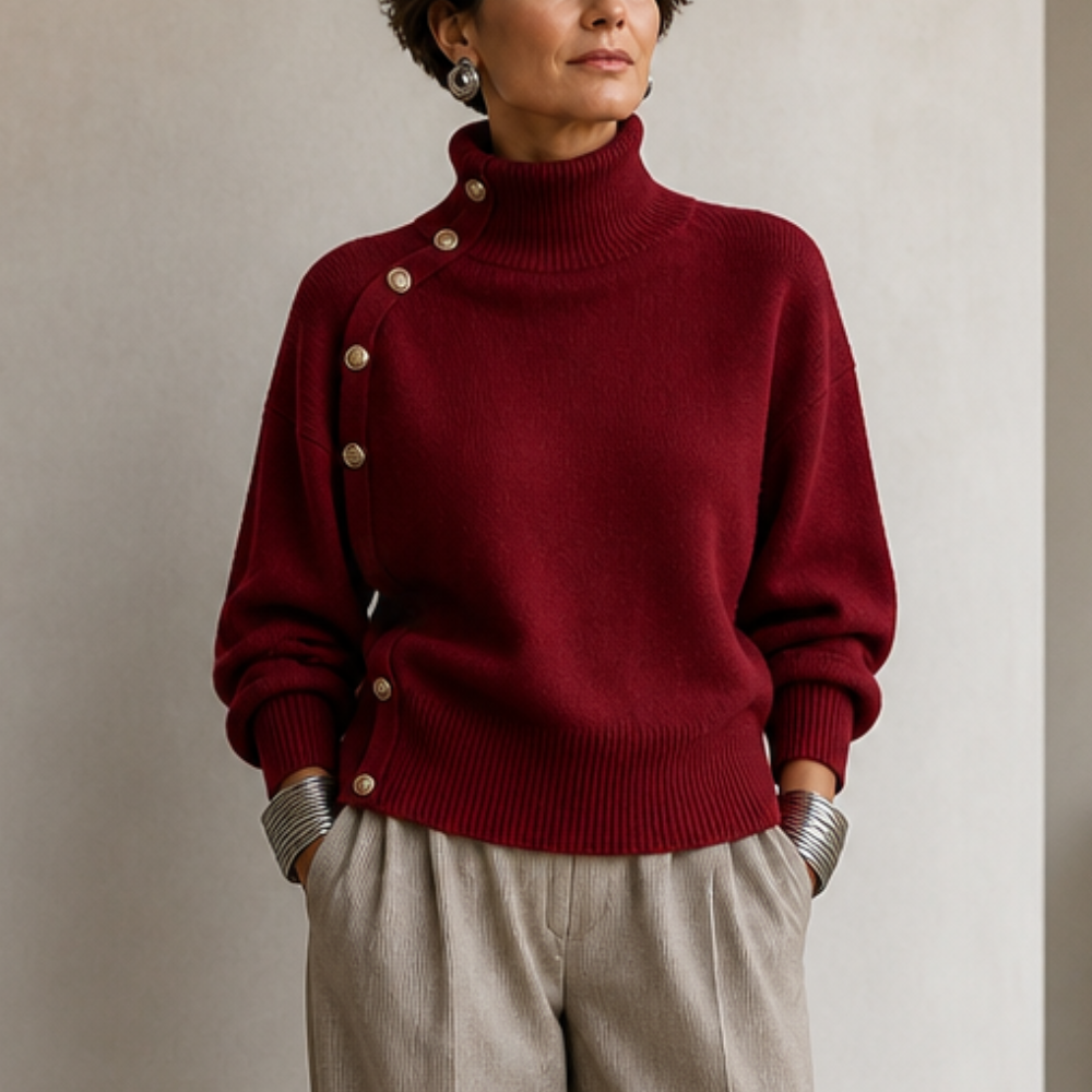 Gold-Tone Button Mock Neck Sweater