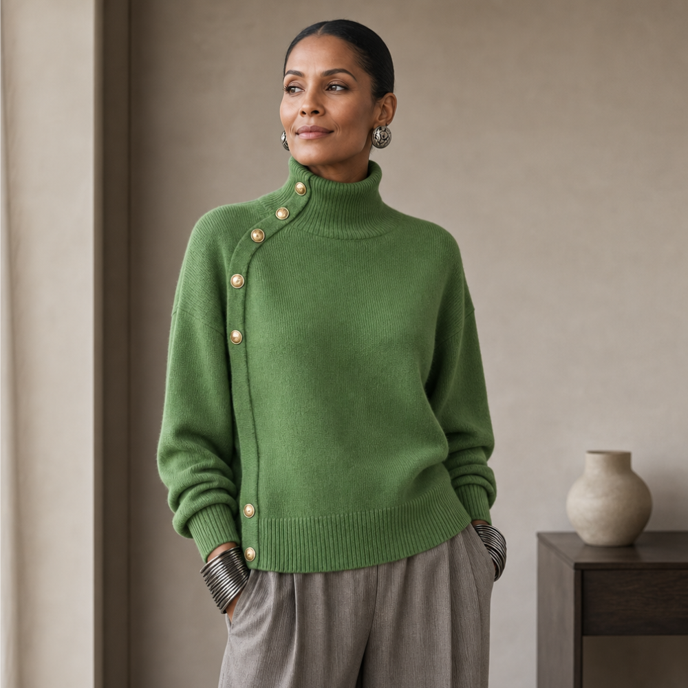 Gold-Tone Button Mock Neck Sweater