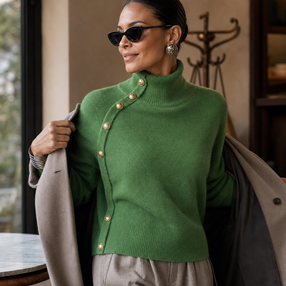 Gold-Tone Button Mock Neck Sweater