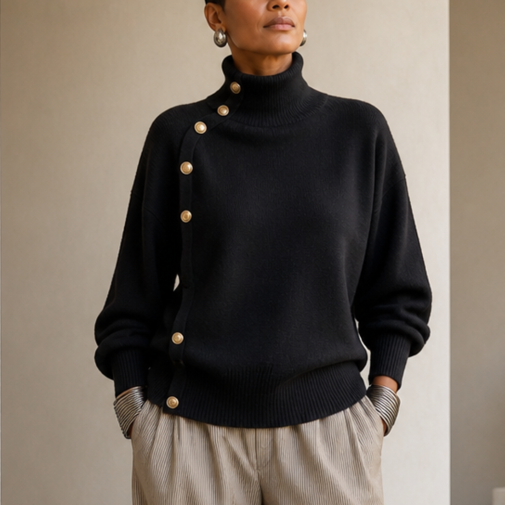Gold-Tone Button Mock Neck Sweater