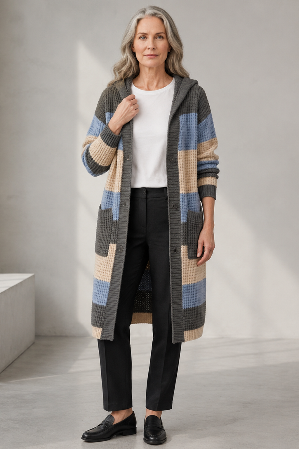 Mid-Length Hooded Chunky Knit Cardigan