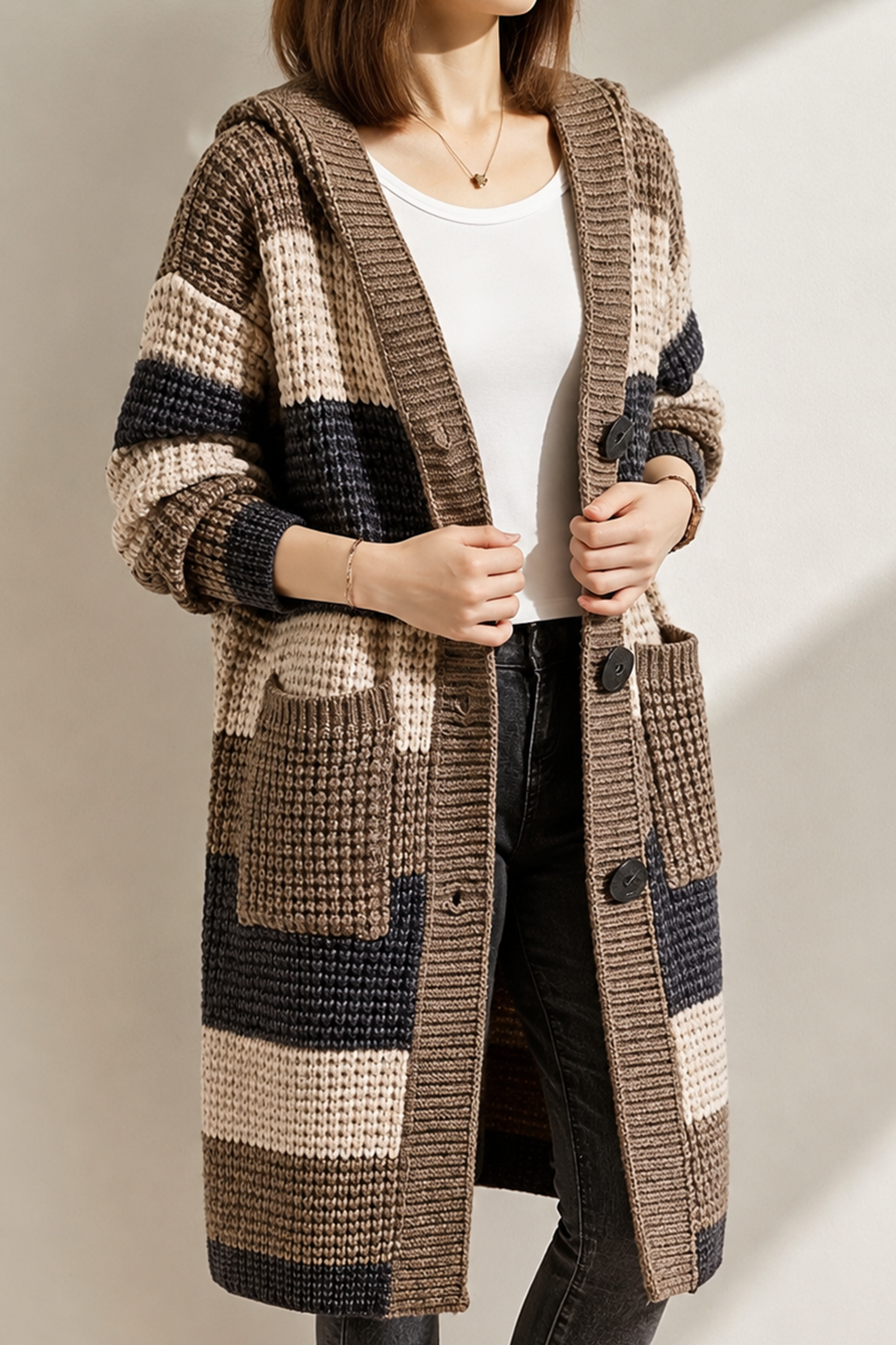 Mid-Length Hooded Chunky Knit Cardigan