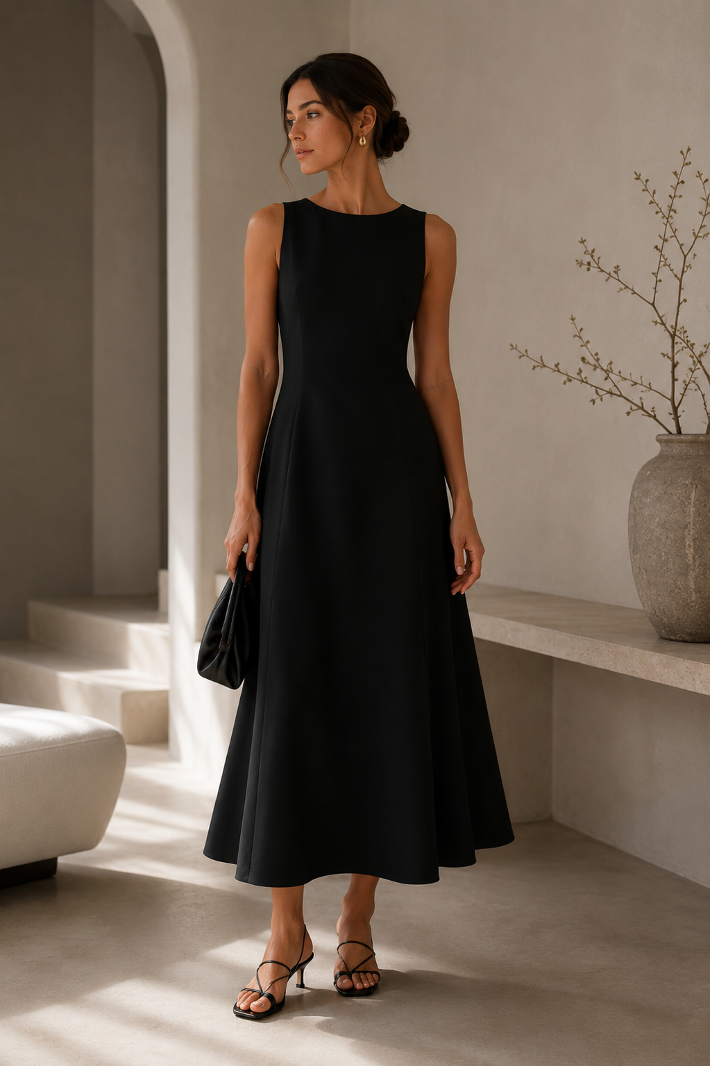 A woman models a sleeveless black midi dress in a minimalist, sunlit interior with concrete floors and walls, holding a small black handbag.