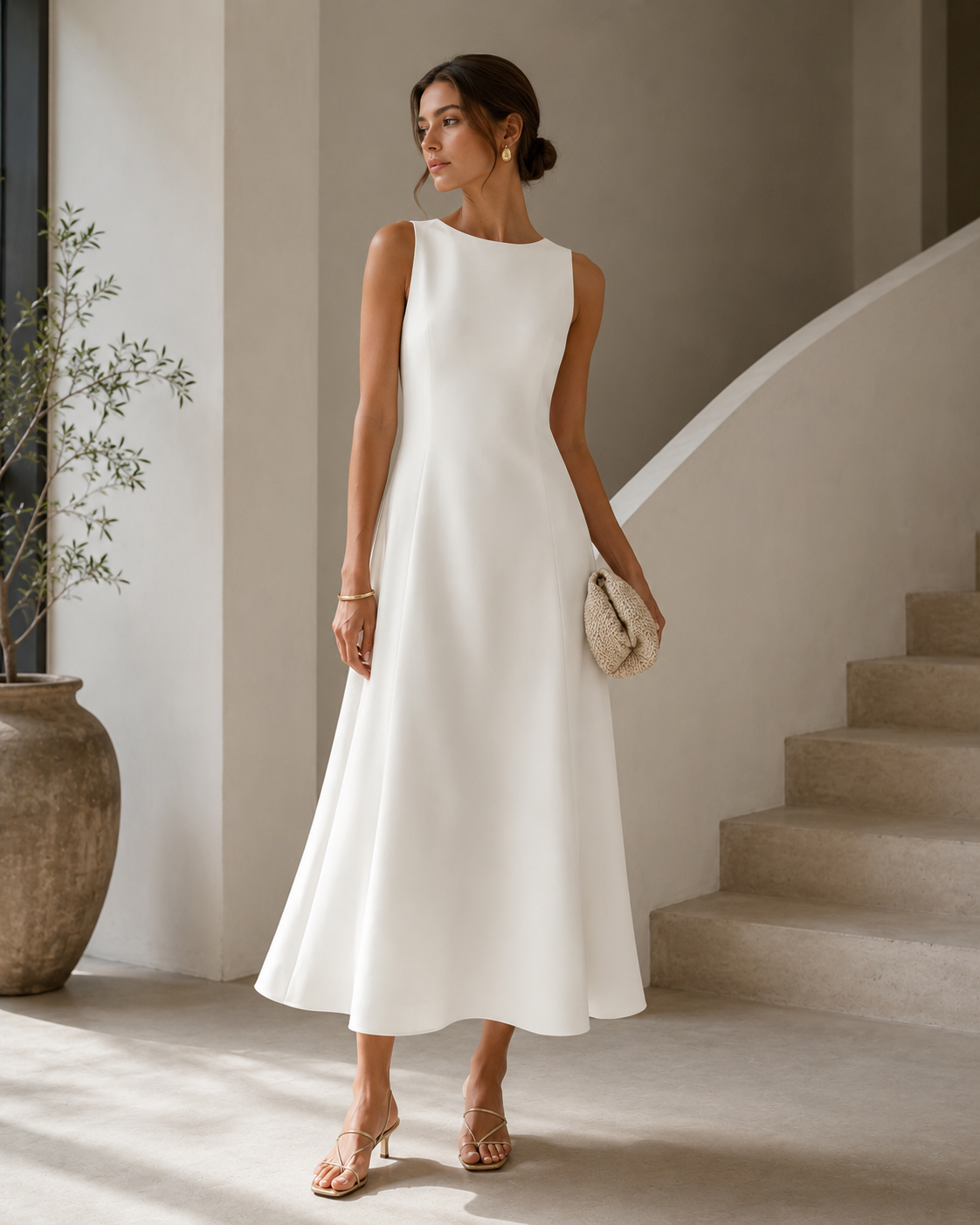 A woman stands indoors wearing a sleeveless, high-neck, midi-length white dress with a flared skirt. She is holding a small woven clutch and wearing strappy heeled sandals, posed in front of a staircase and neutral-toned interior walls.