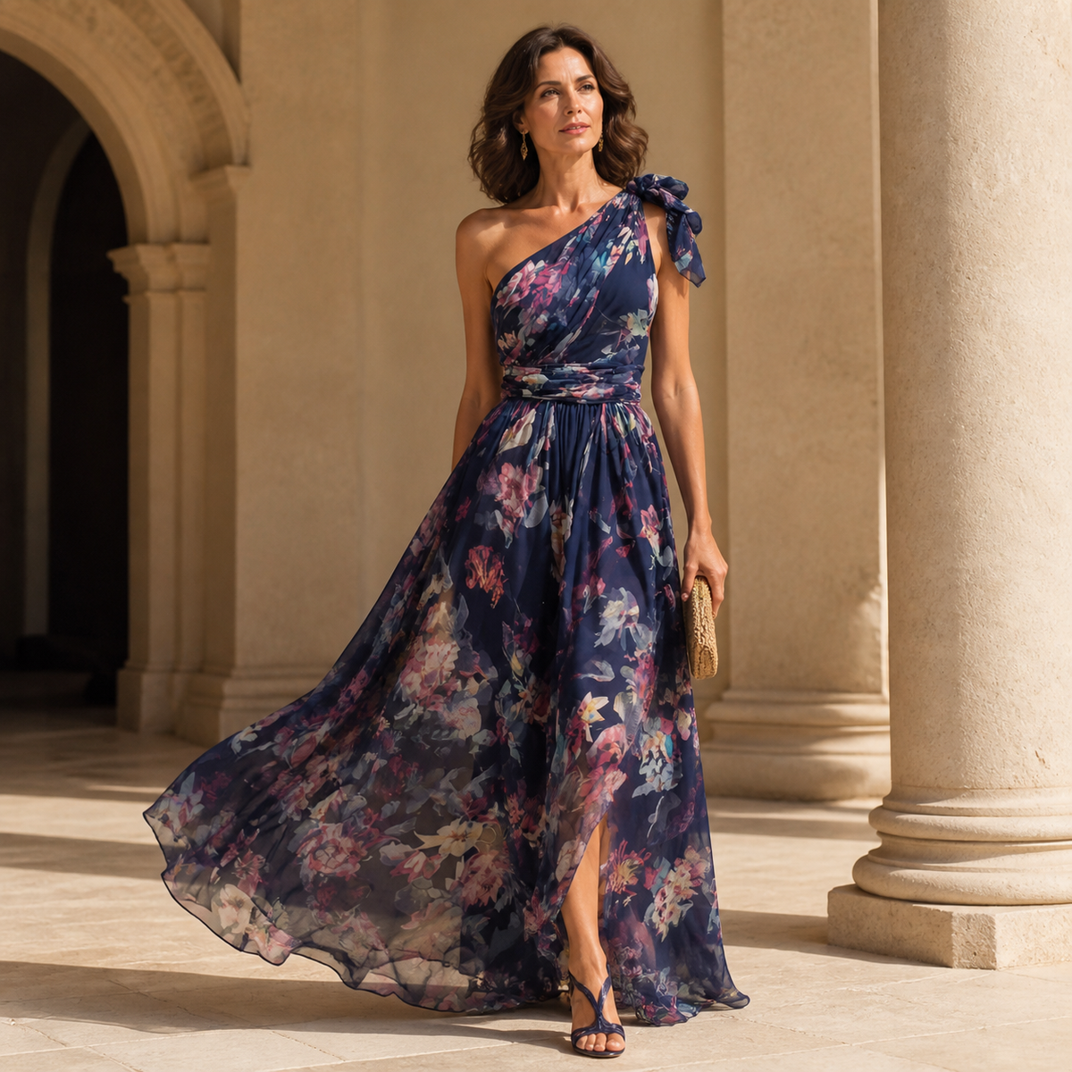 Navy Blue One-Shoulder Maxi Dress