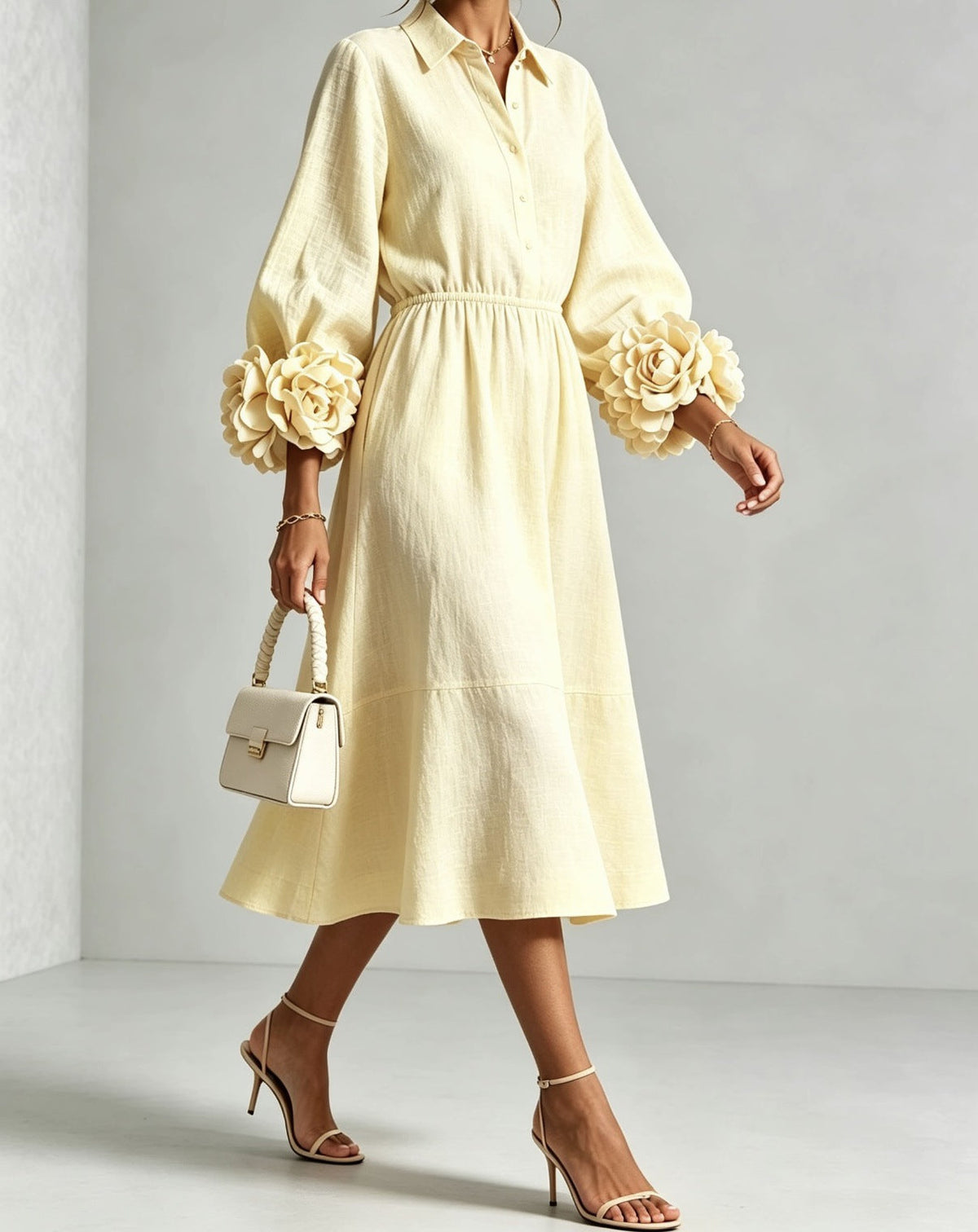 Collared Shirt Dress with 3D Rose Statement Sleeves