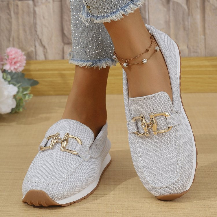Women's Round Toe Slip On Loafers With Buckle Decor
