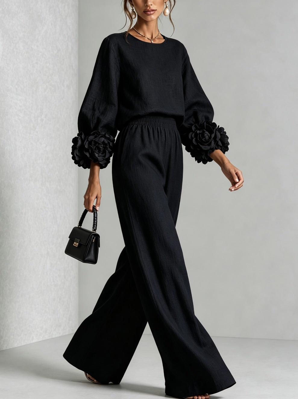 Floral Cuff Top and Wide-Leg Pants Set