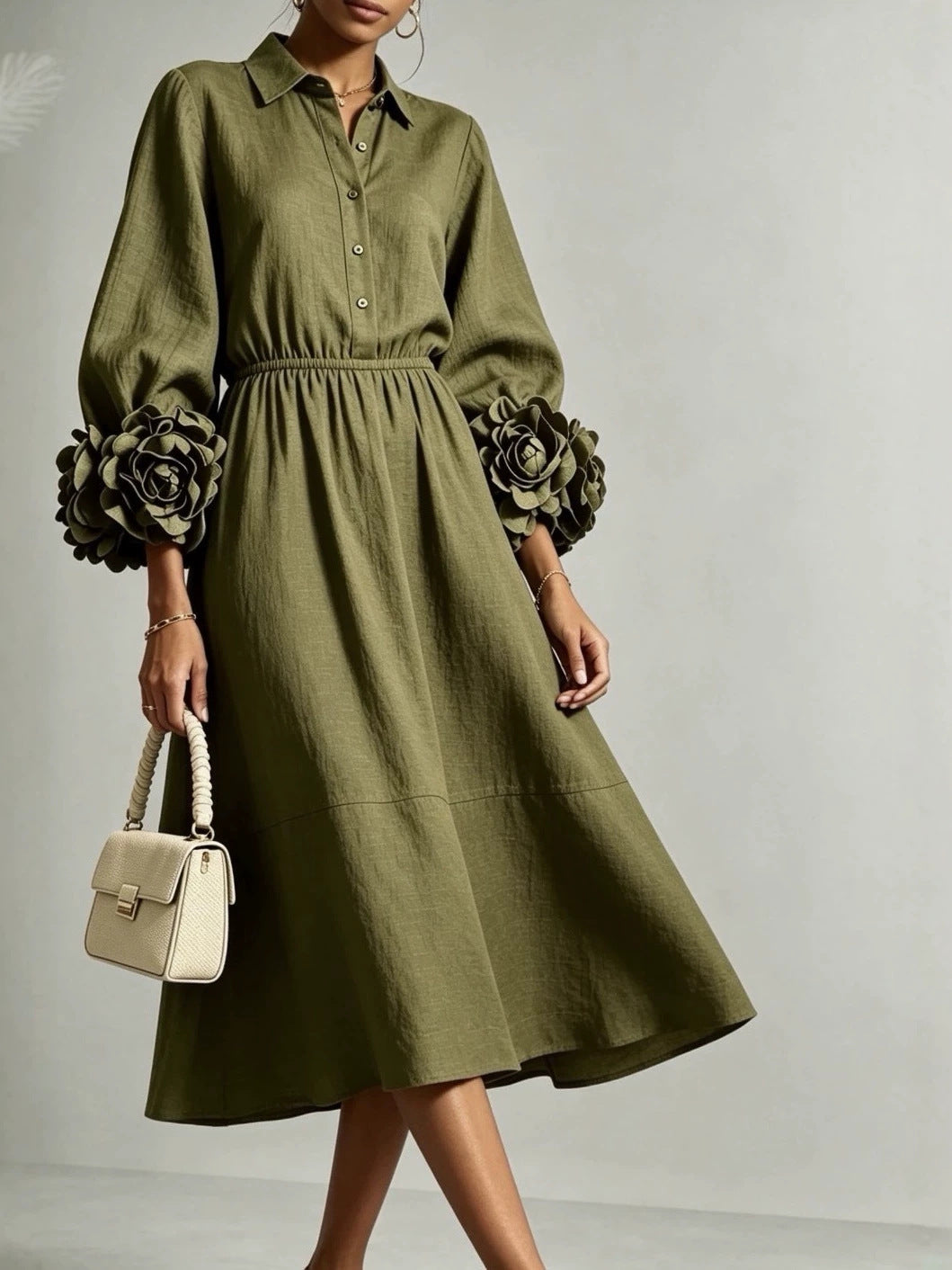 Collared Shirt Dress with 3D Rose Statement Sleeves