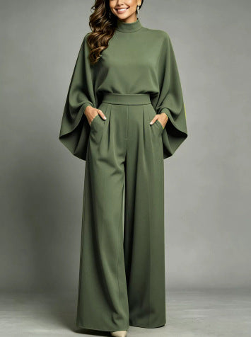 Fashionable Turtleneck Top and Wide-Leg Pants Set