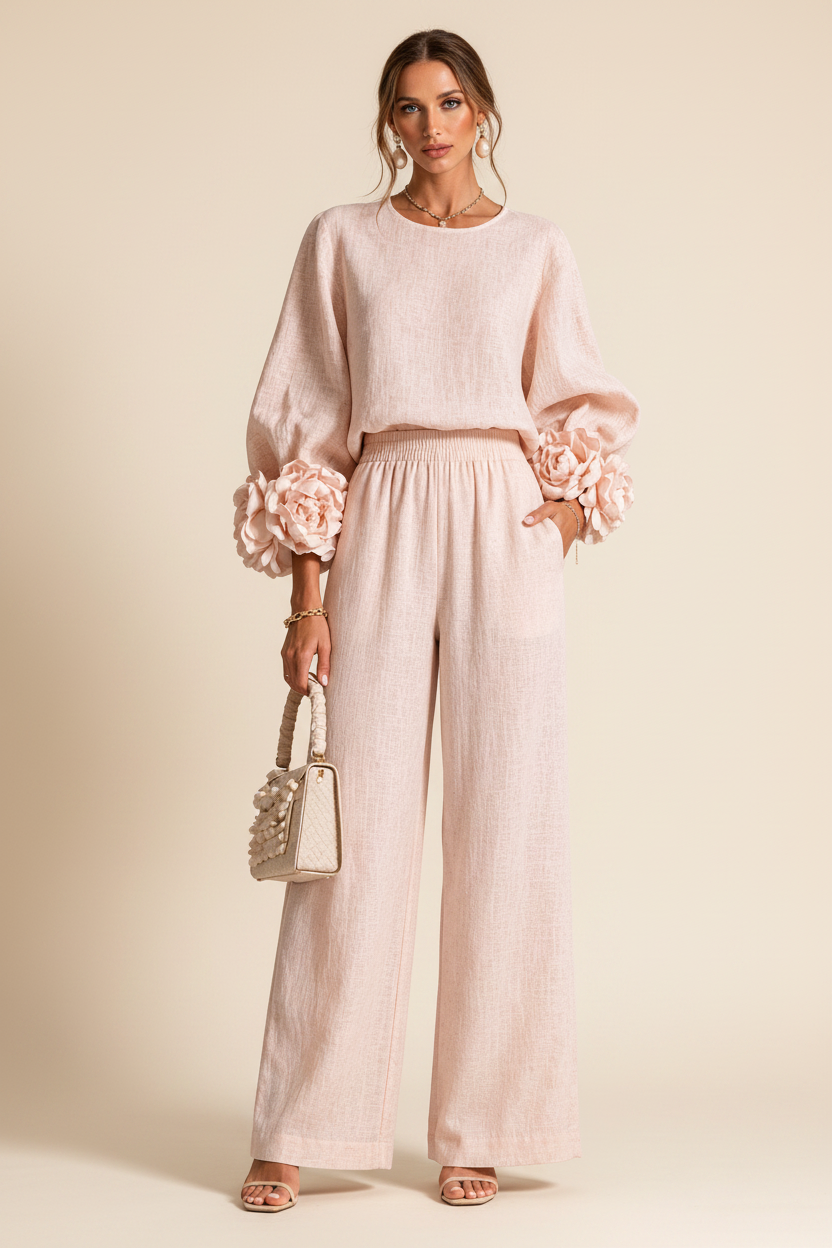 Floral Cuff Top and Wide-Leg Pants Set