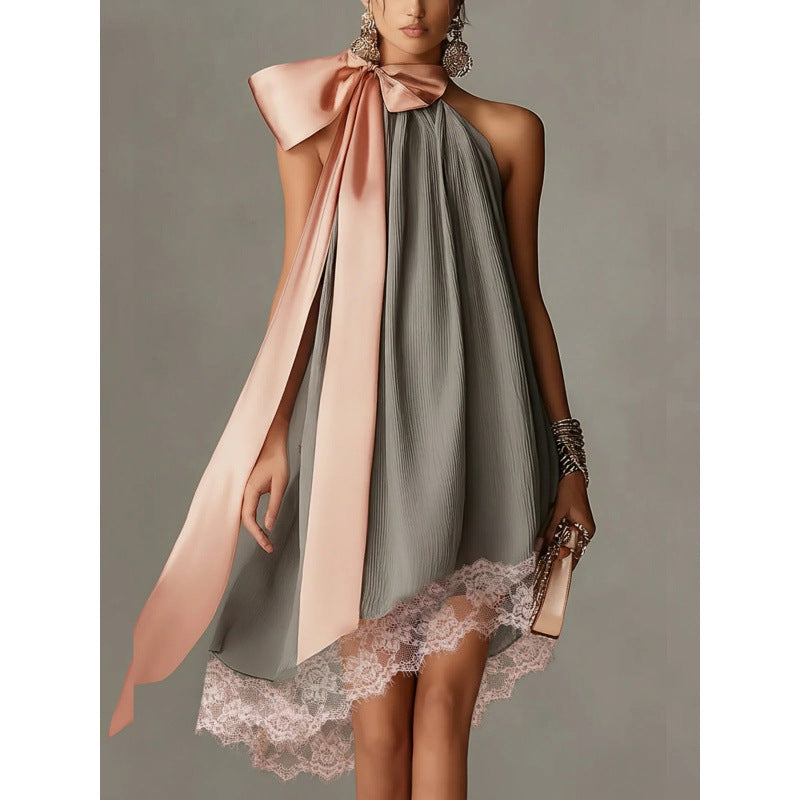 High-Neck Irregular Dress with Bow