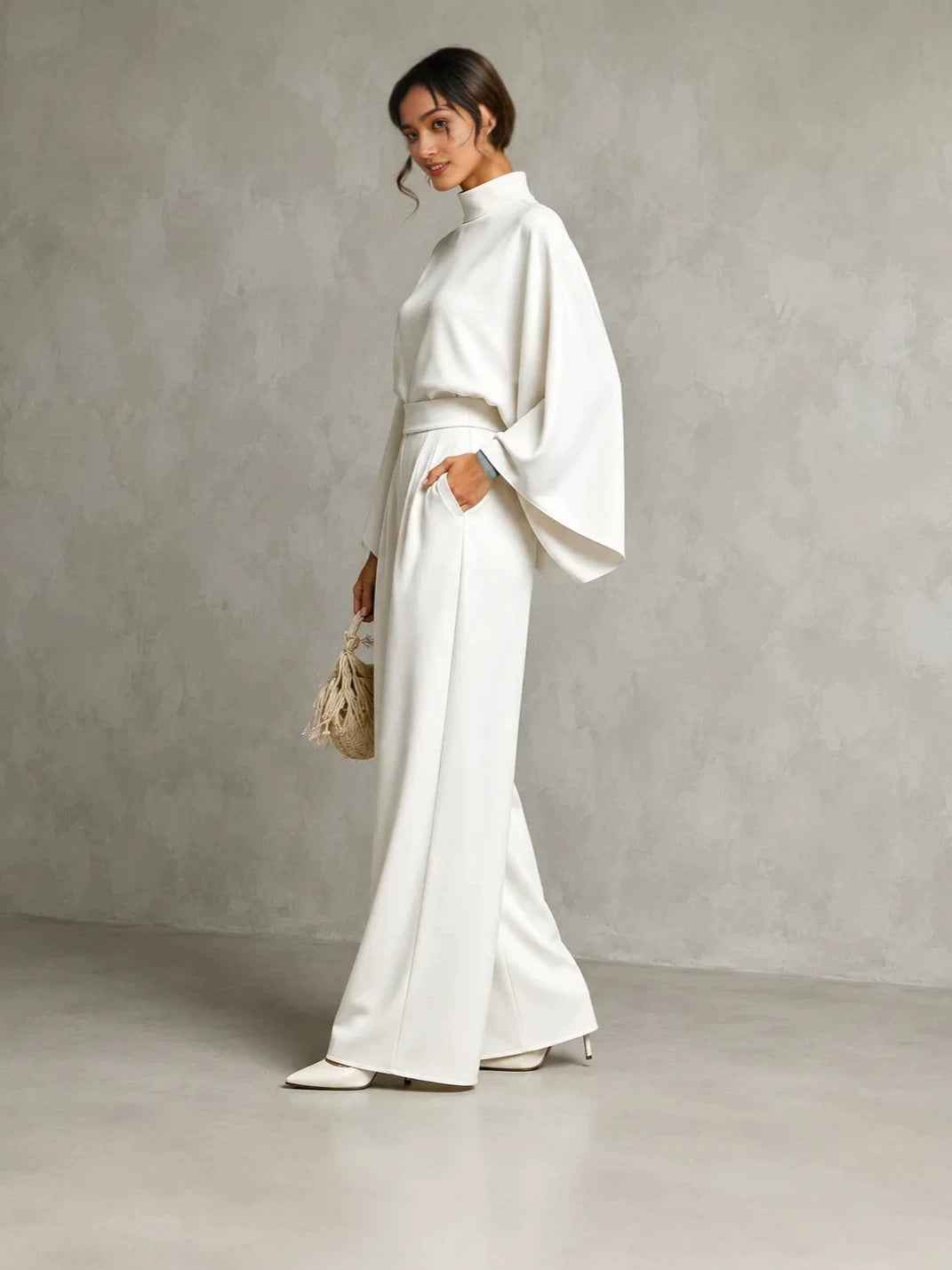 Fashionable Turtleneck Top and Wide-Leg Pants Set