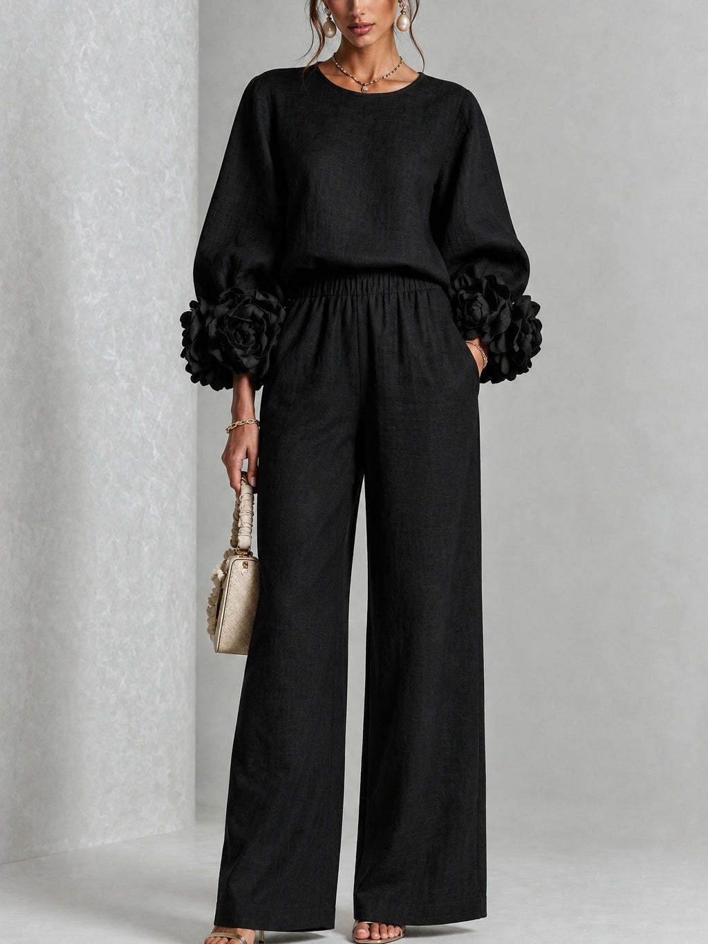 Floral Cuff Top and Wide-Leg Pants Set