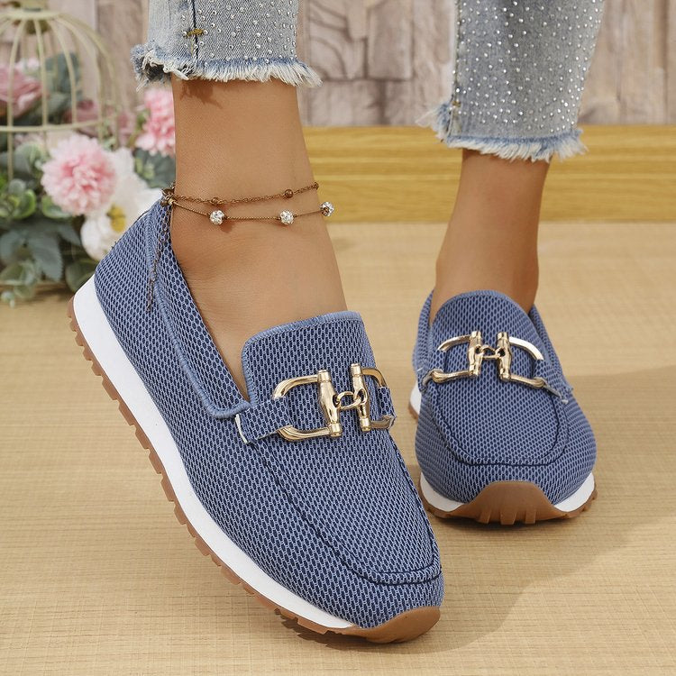 Women's Round Toe Slip On Loafers With Buckle Decor