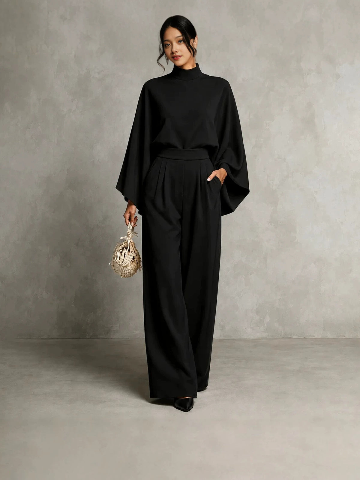 Fashionable Turtleneck Top and Wide-Leg Pants Set