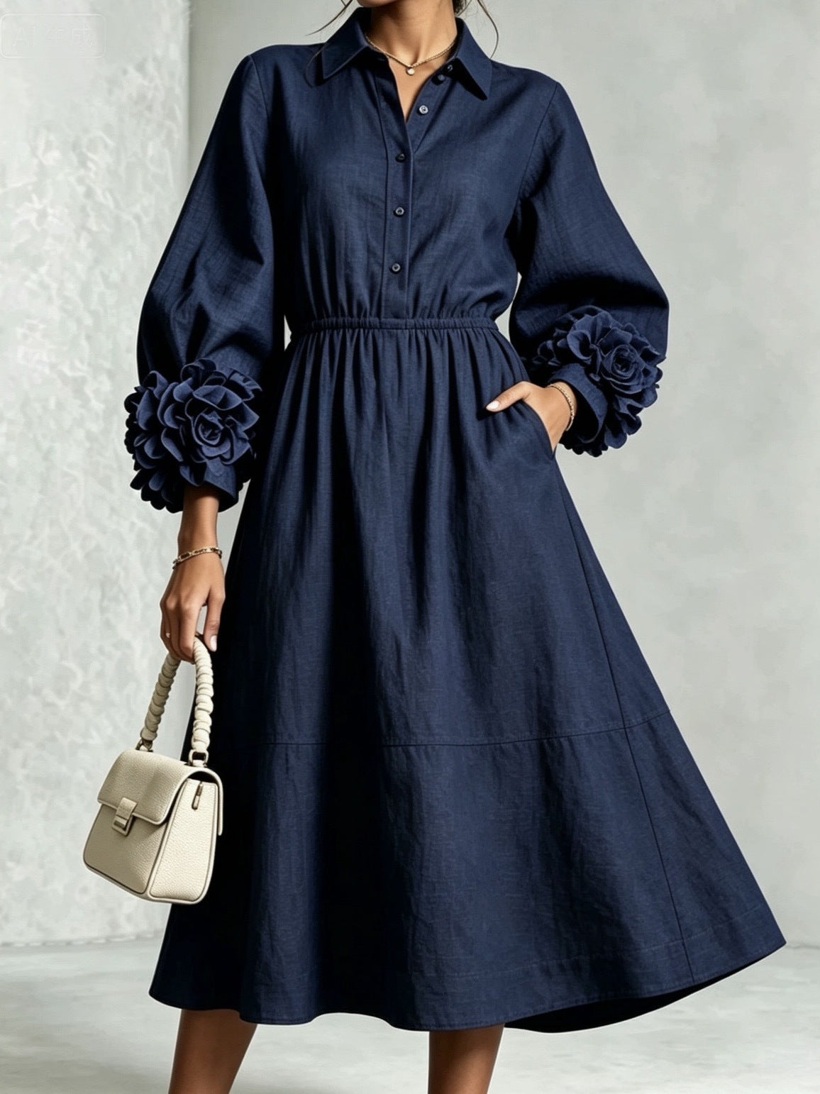 Collared Shirt Dress with 3D Rose Statement Sleeves