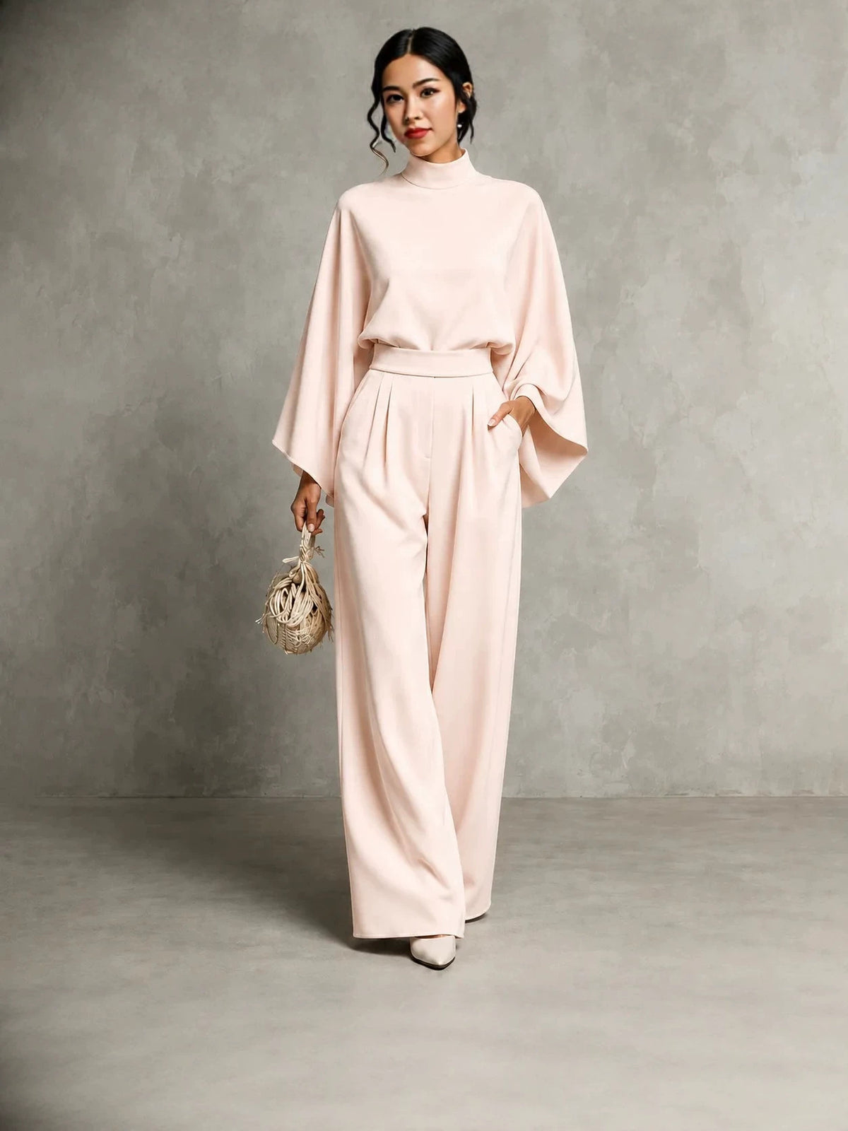 Fashionable Turtleneck Top and Wide-Leg Pants Set