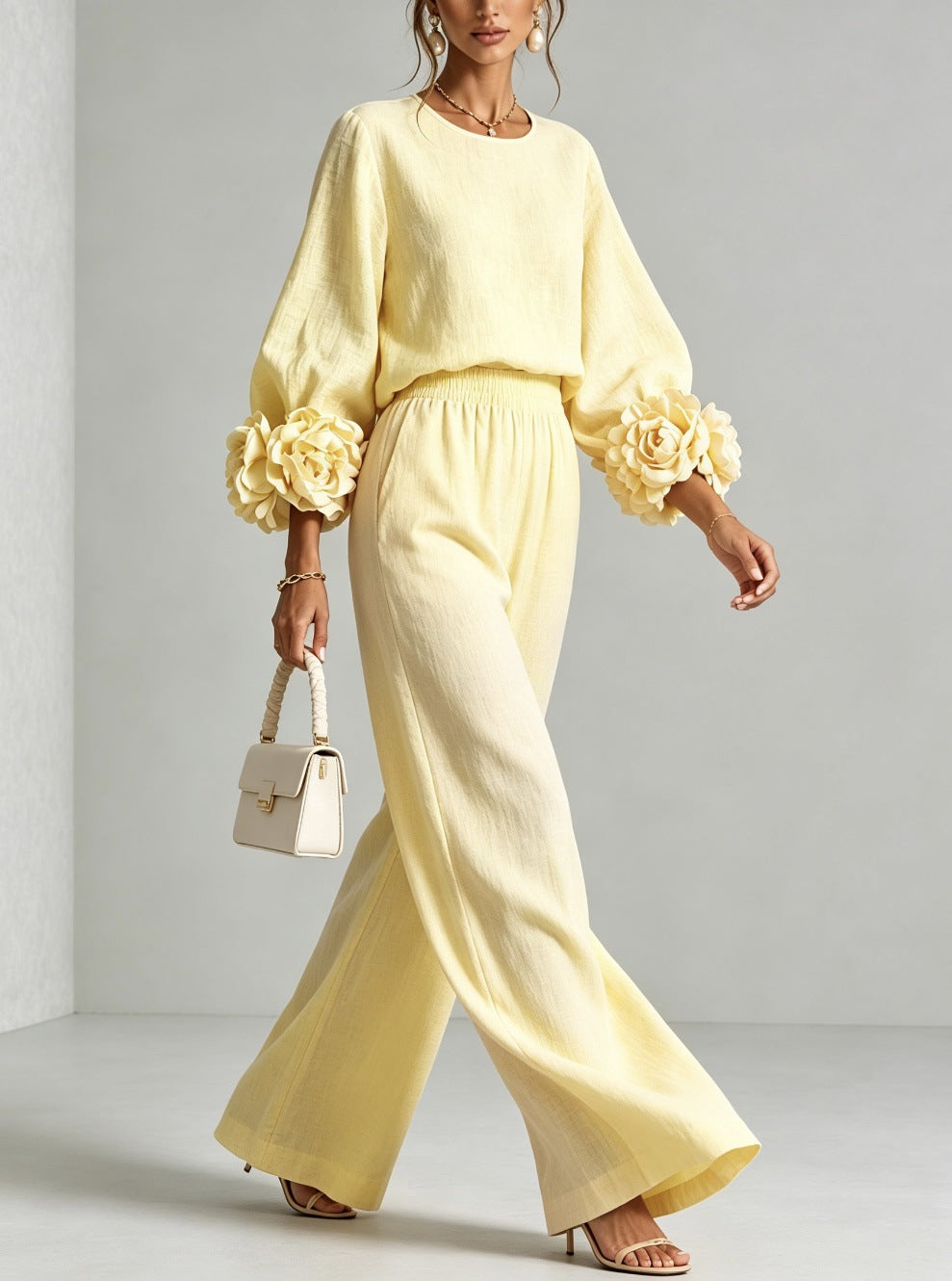 Floral Cuff Top and Wide-Leg Pants Set