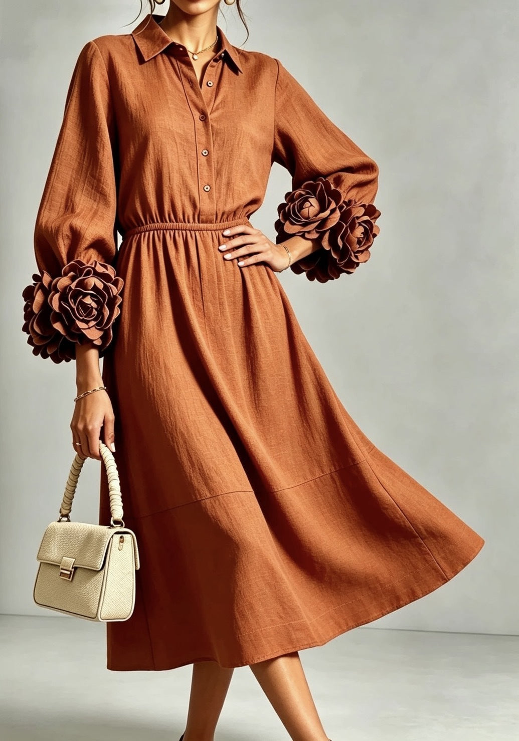 Collared Shirt Dress with 3D Rose Statement Sleeves