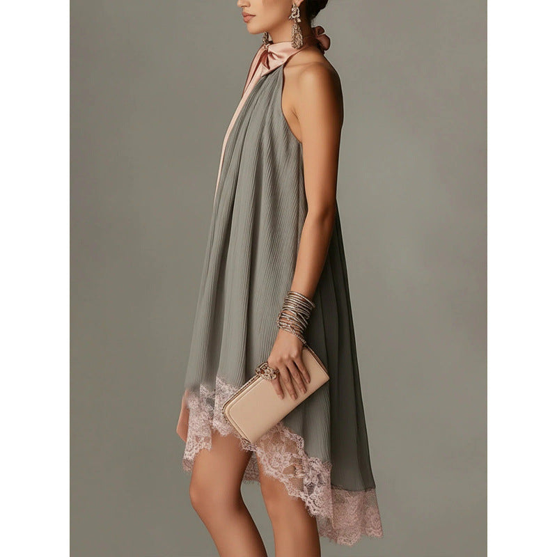 High-Neck Irregular Dress with Bow