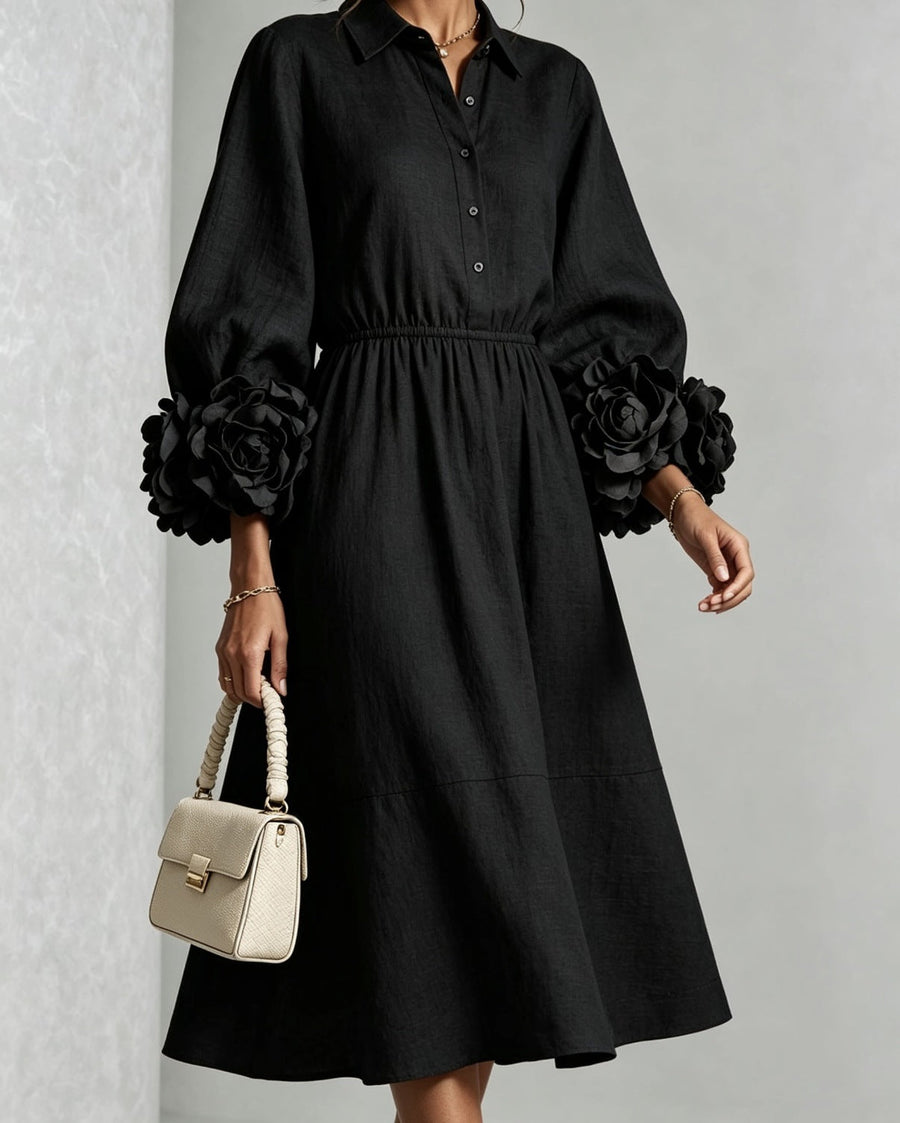 Collared Shirt Dress with 3D Rose Statement Sleeves