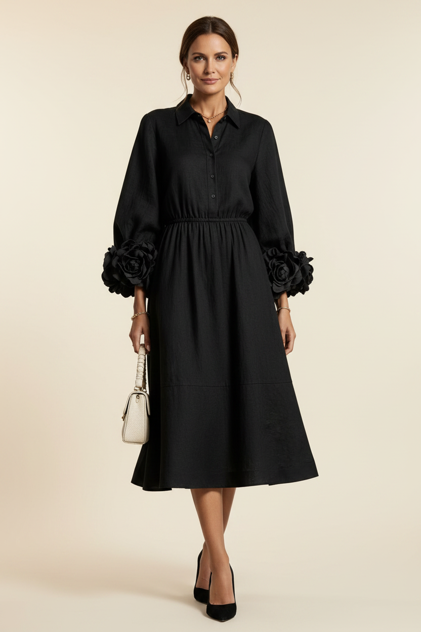 Collared Shirt Dress with 3D Rose Statement Sleeves