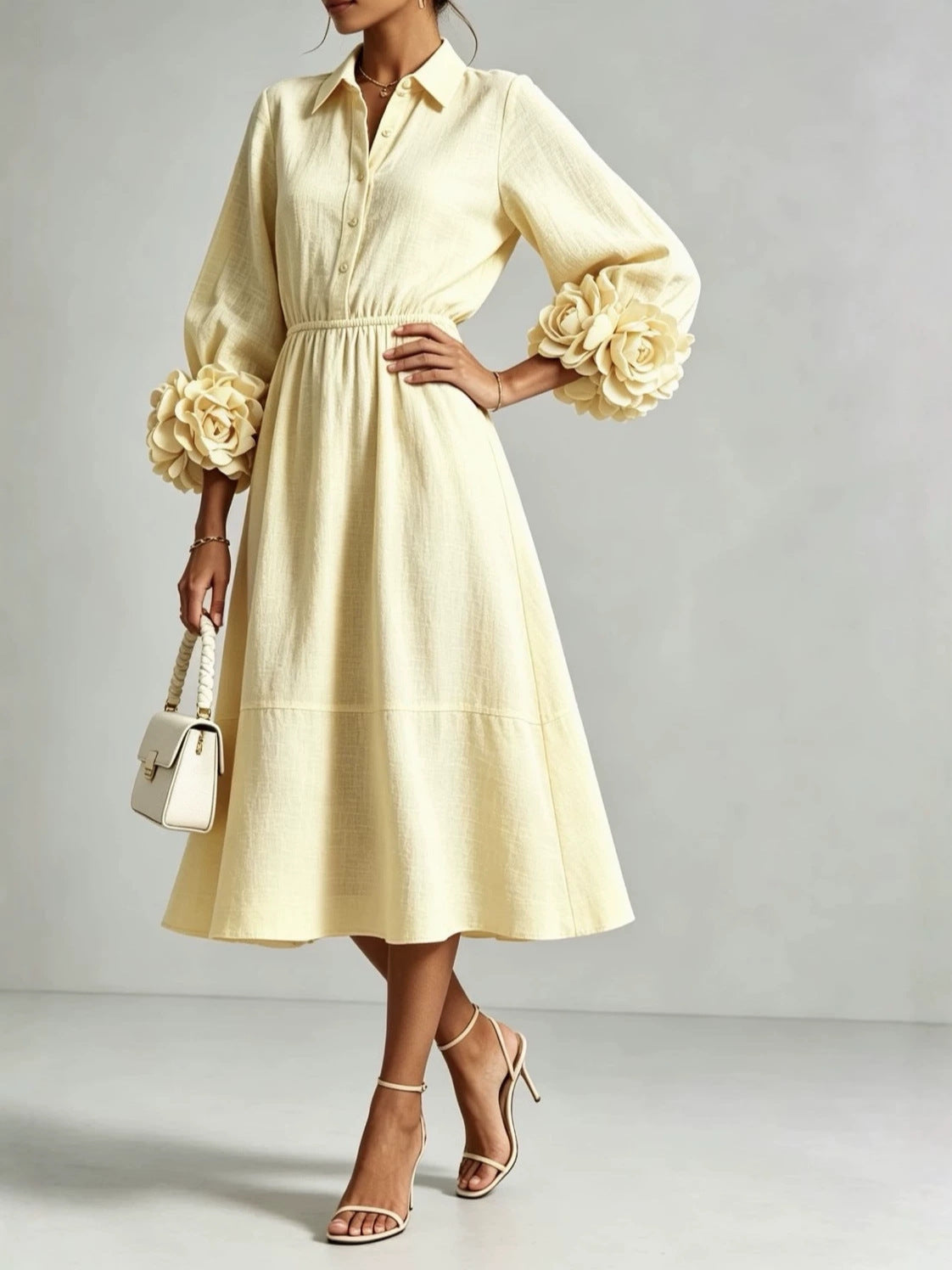 Collared Shirt Dress with 3D Rose Statement Sleeves