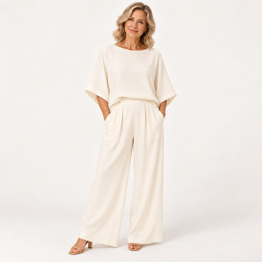 Reliya Crew Neck Top and Wide Leg Pants Set