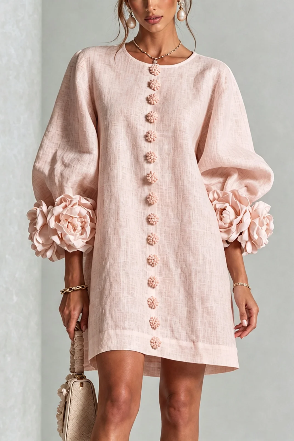 Rosalia Floral-Cuff Button Mini Dress