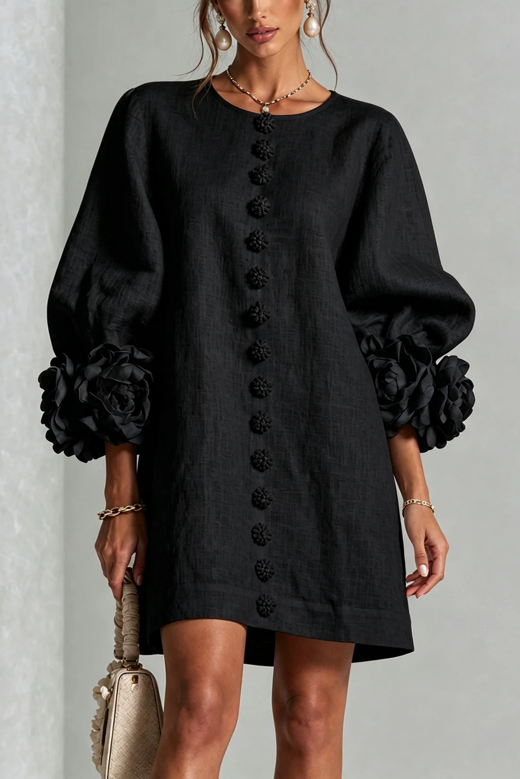 Rosalia Floral-Cuff Button Mini Dress
