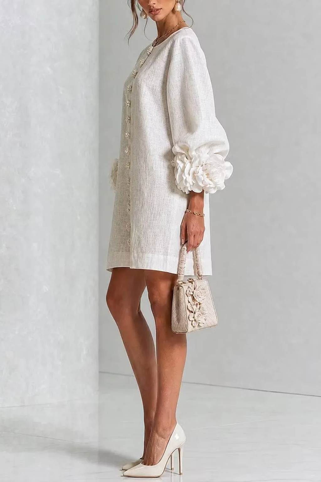 Rosalia Floral-Cuff Button Mini Dress