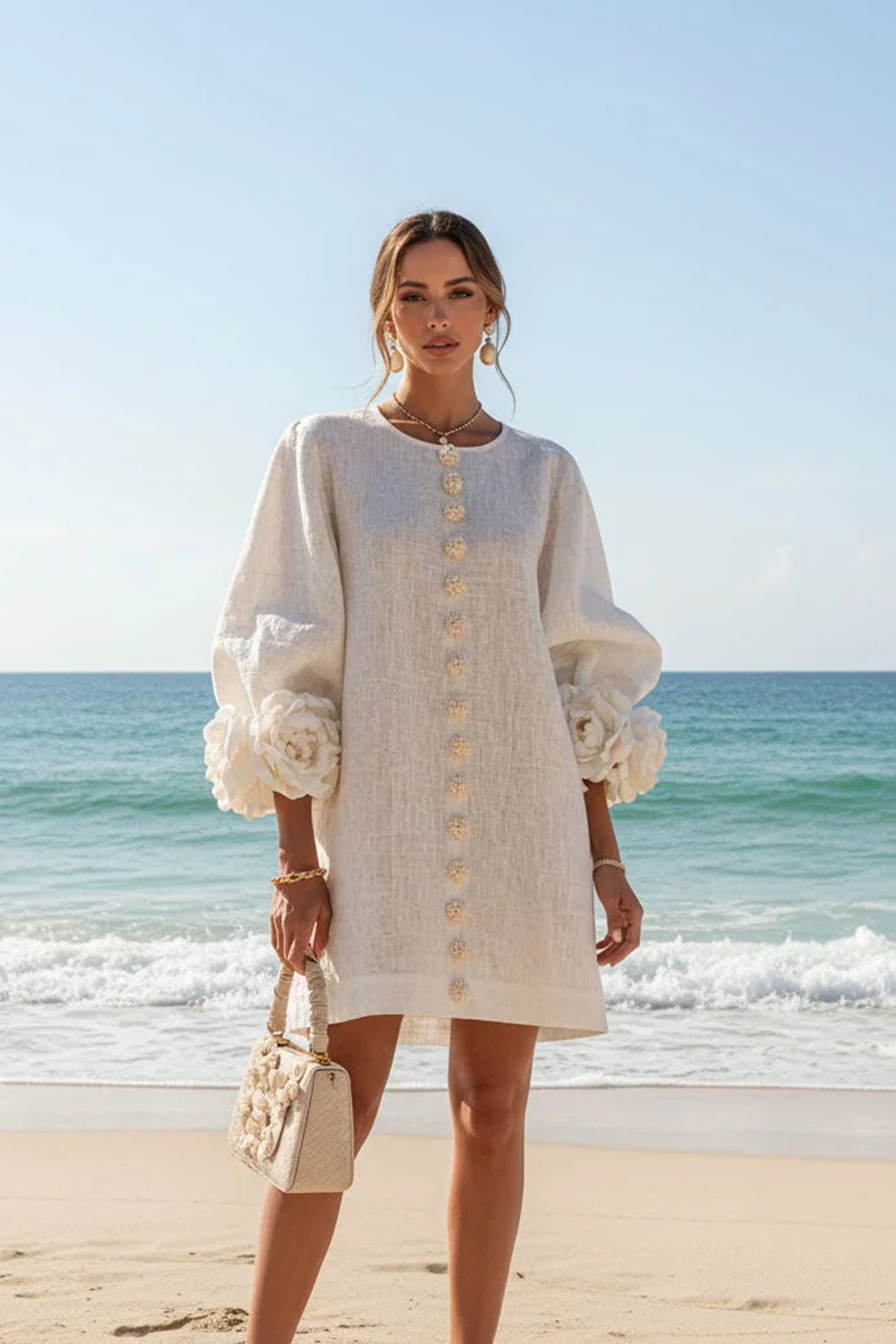 Rosalia Floral-Cuff Button Mini Dress