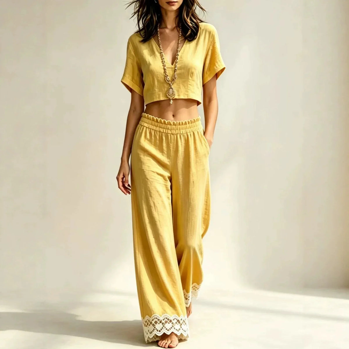 Cropped Top Lace Pants Set