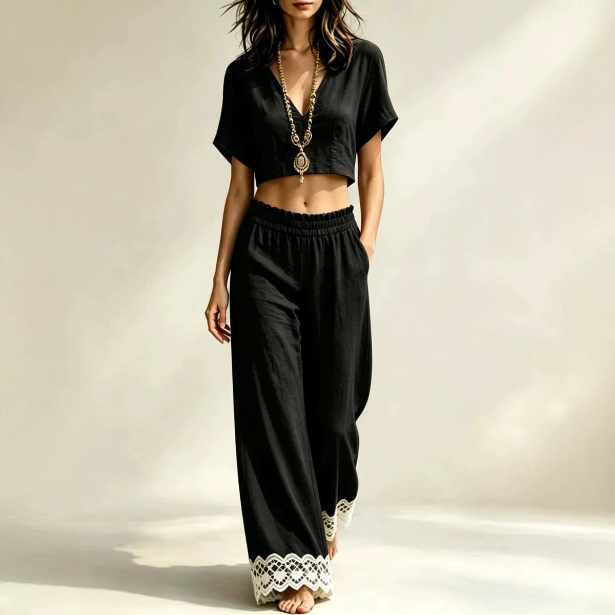 Cropped Top Lace Pants Set