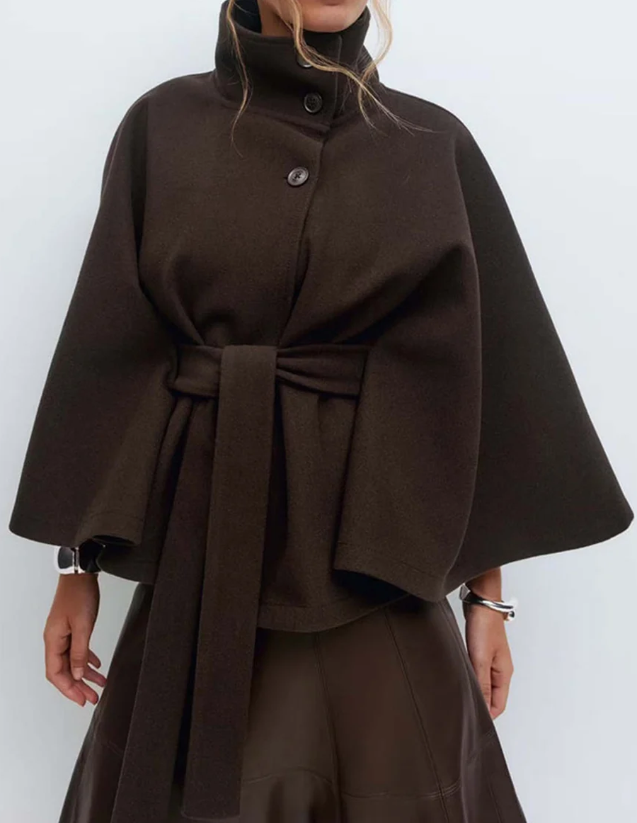 Solid Color Cape Stand Collar Trench Coat
