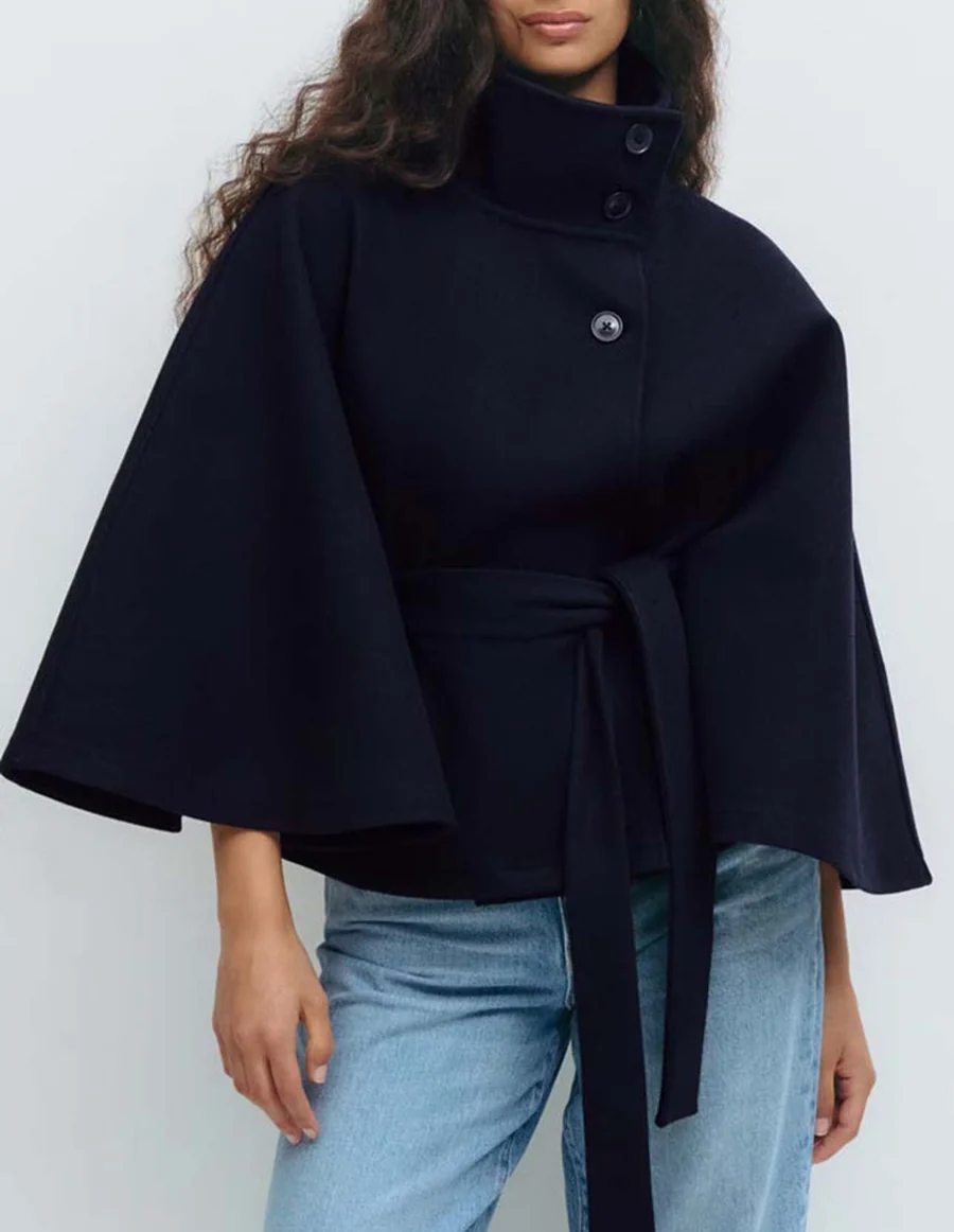 Solid Color Cape Stand Collar Trench Coat