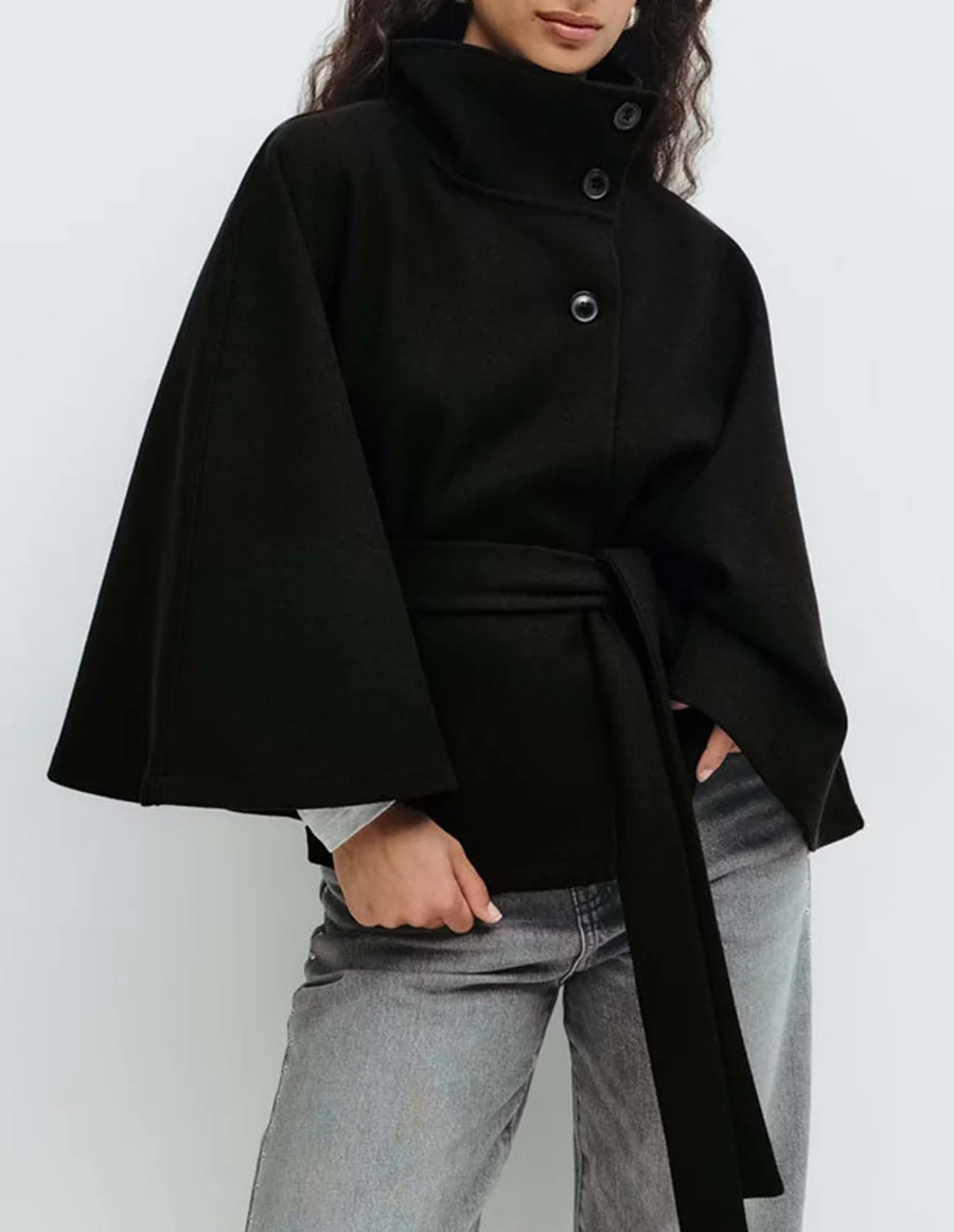 Solid Color Cape Stand Collar Trench Coat
