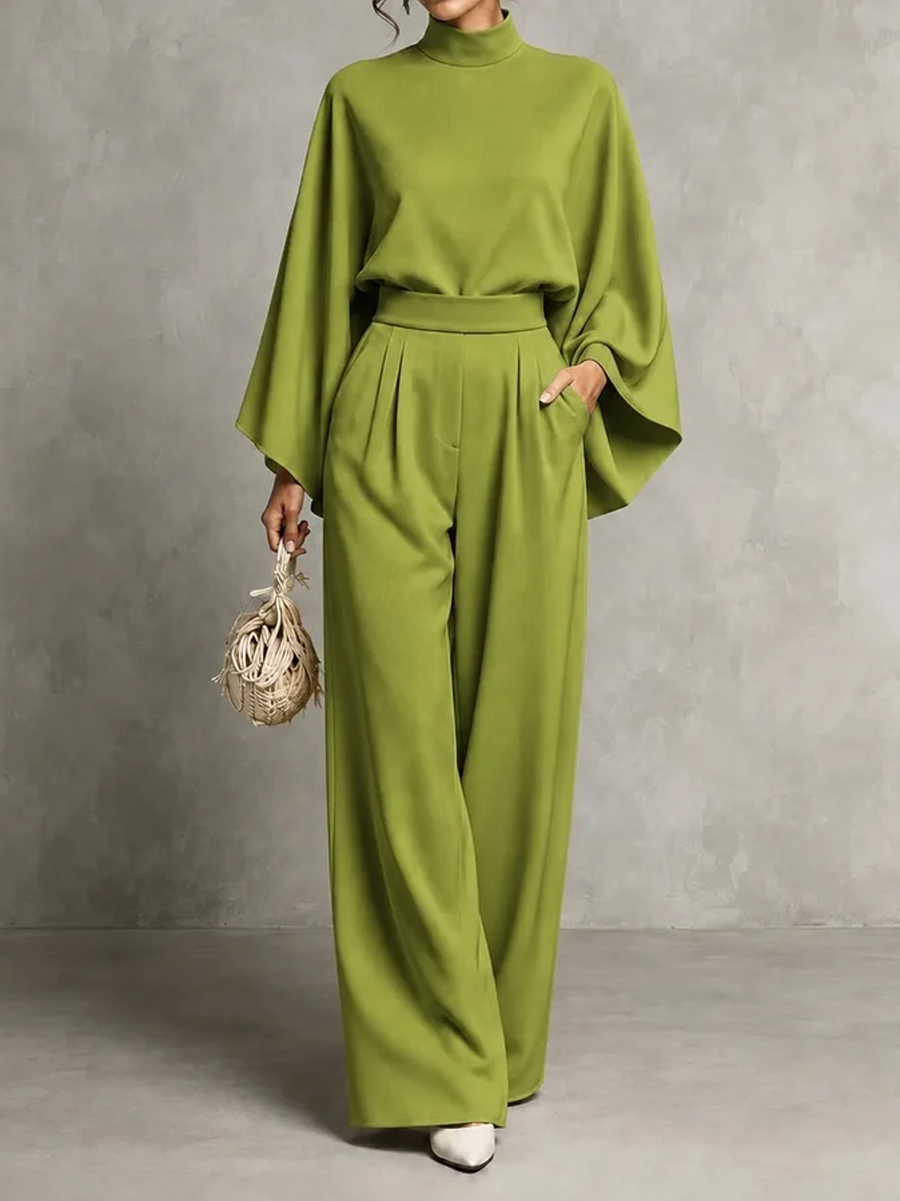 Fashionable Turtleneck Top and Wide-Leg Pants Set