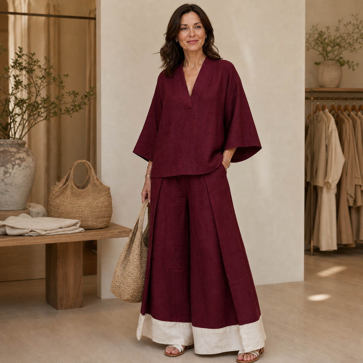 V-Neck Wide-Leg Pants Set