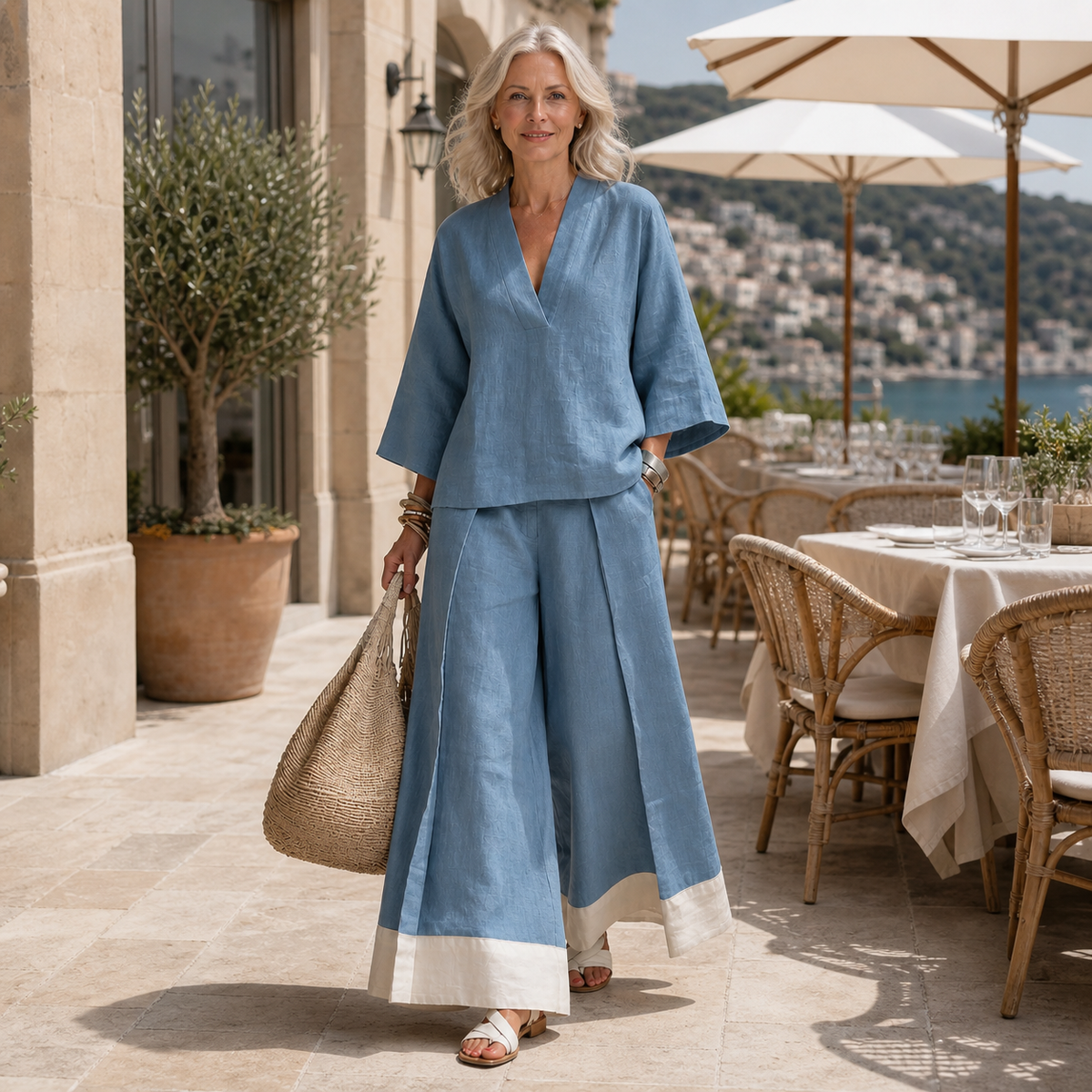 V-Neck Wide-Leg Pants Set
