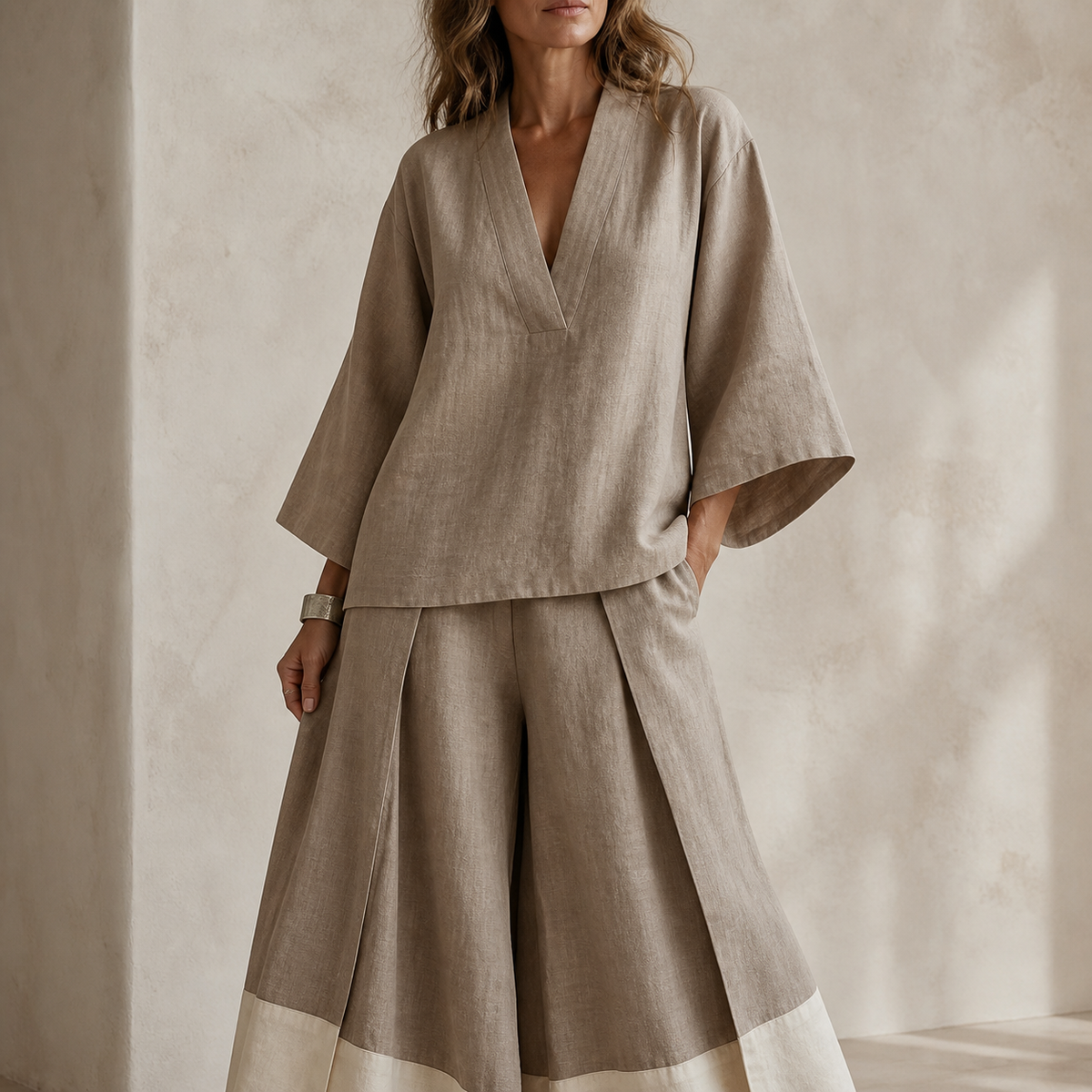 V-Neck Wide-Leg Pants Set