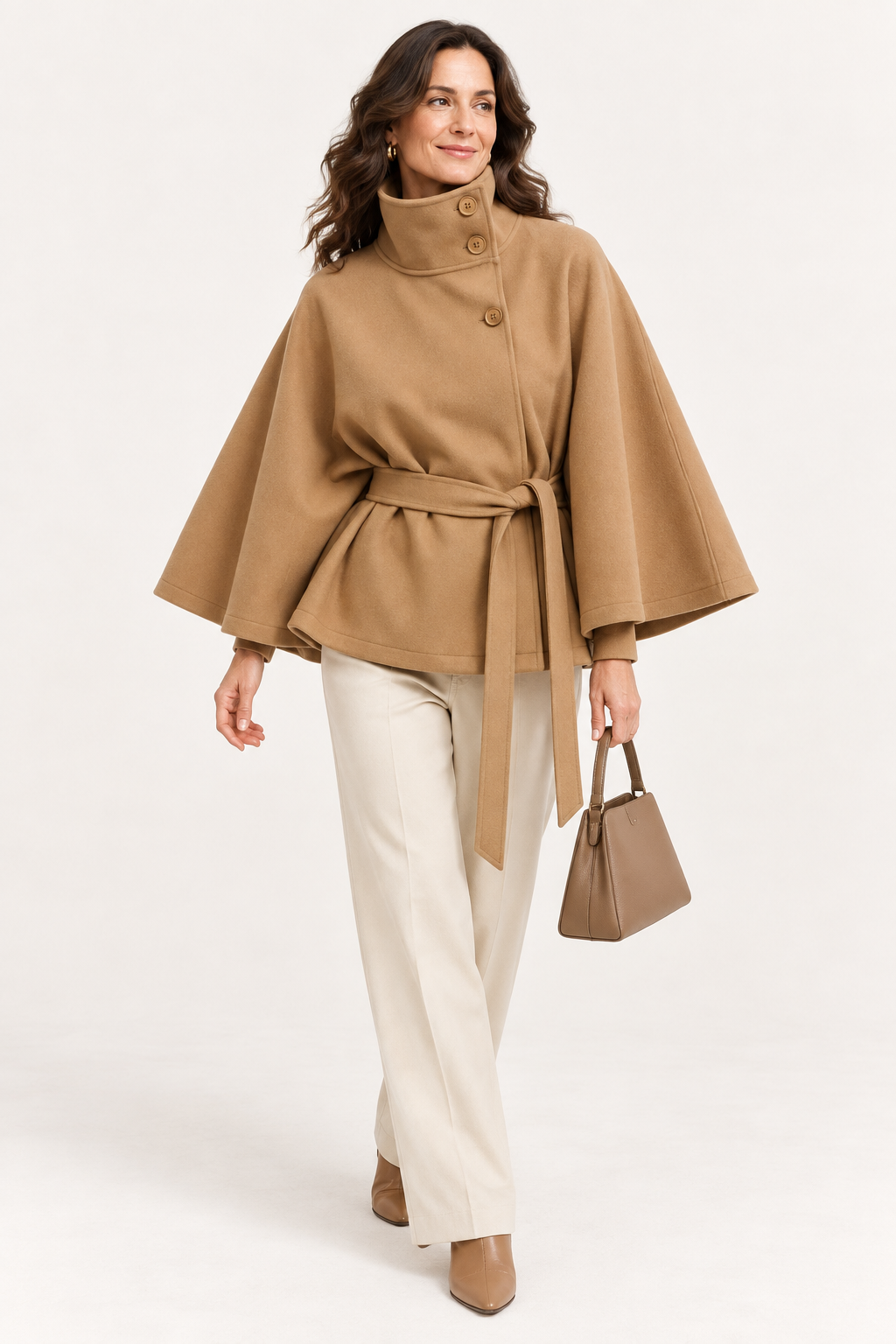 Women's Belted Cape Coat with High Neck