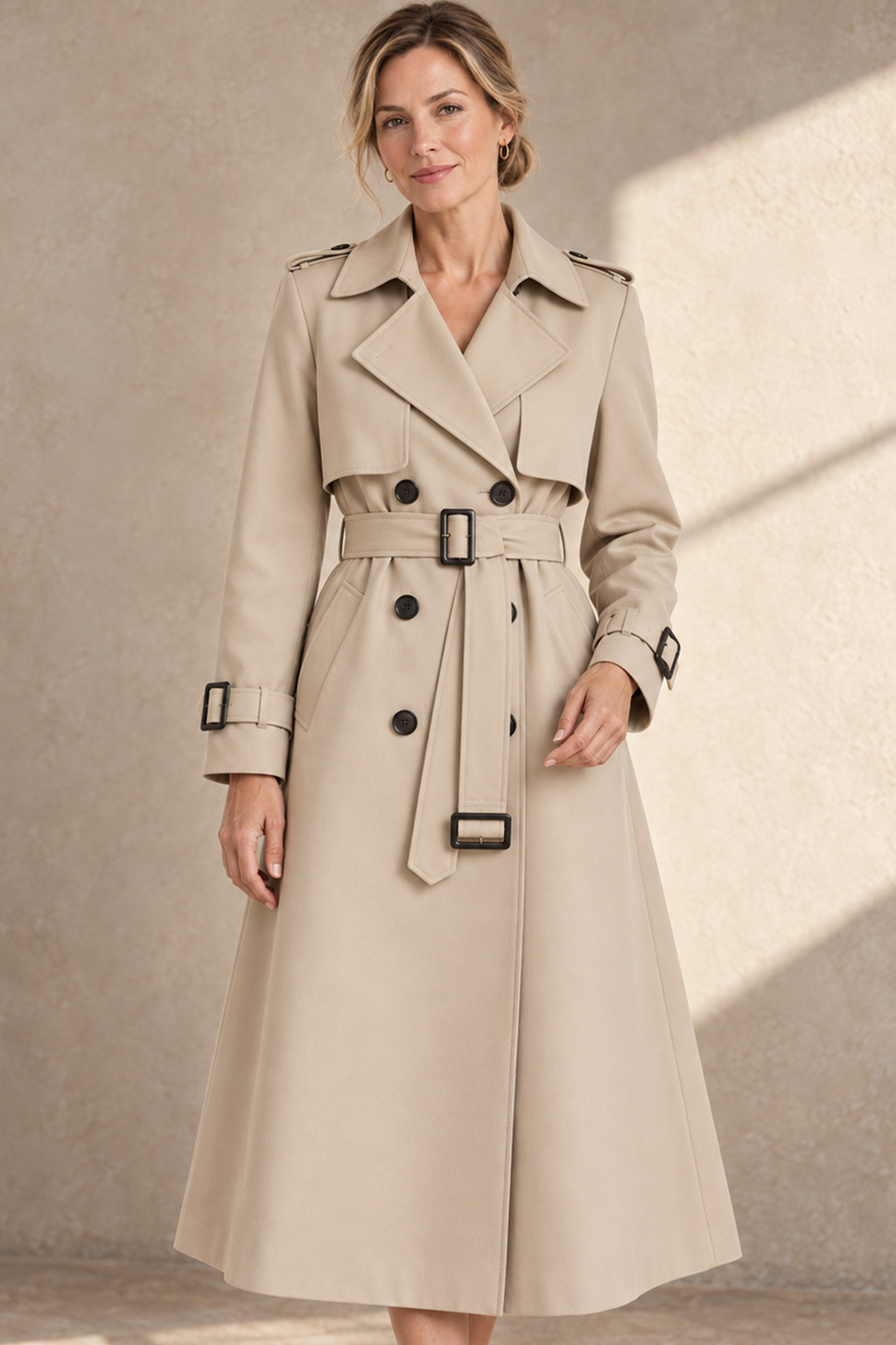 Women's Belted Long Double Breasted Trench Coat