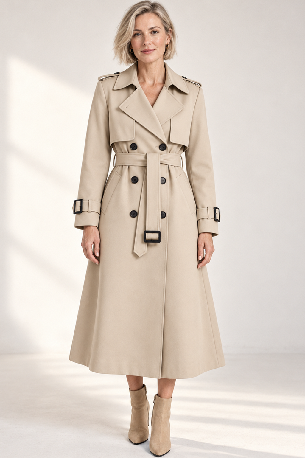 Women's Belted Long Double Breasted Trench Coat